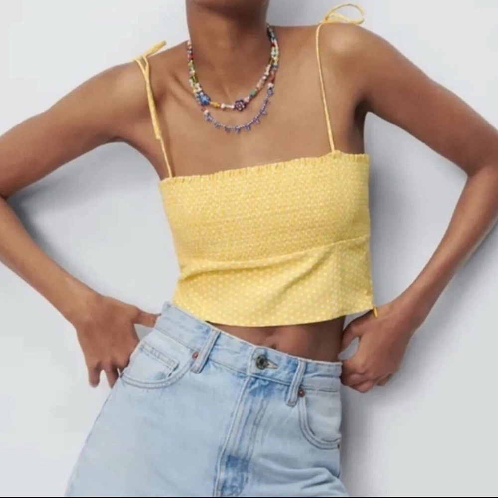 Zara smocked yellow polka dot tank size XS